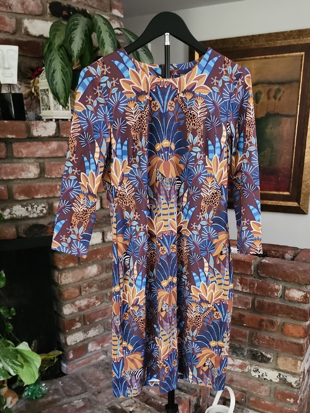 J. McLaughlin Printed Midi Dress Safari Animal Botanical Boho  Long Sleeve